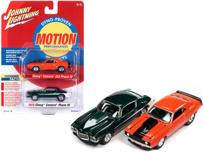 1969 Chevrolet Camaro ZLX Phase III Hugger Orange with Black Stripes and 1973 Chevrolet Camaro Phase III Dark Green Metallic and White "Baldwin Motion" Set of 2 Cars 1/64 Diecast Model Cars by Johnny Lightning  free shipping USA