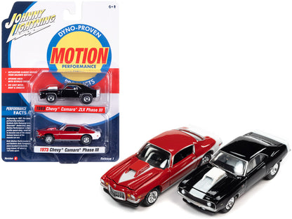 1969 Chevrolet Camaro ZLX Phase III Black with White Stripes and 1973 Chevrolet Camaro Phase III Medium Red and White "Baldwin Motion" Set of 2 Cars 1/64 Diecast Model Cars by Johnny Lightning  free shipping USA