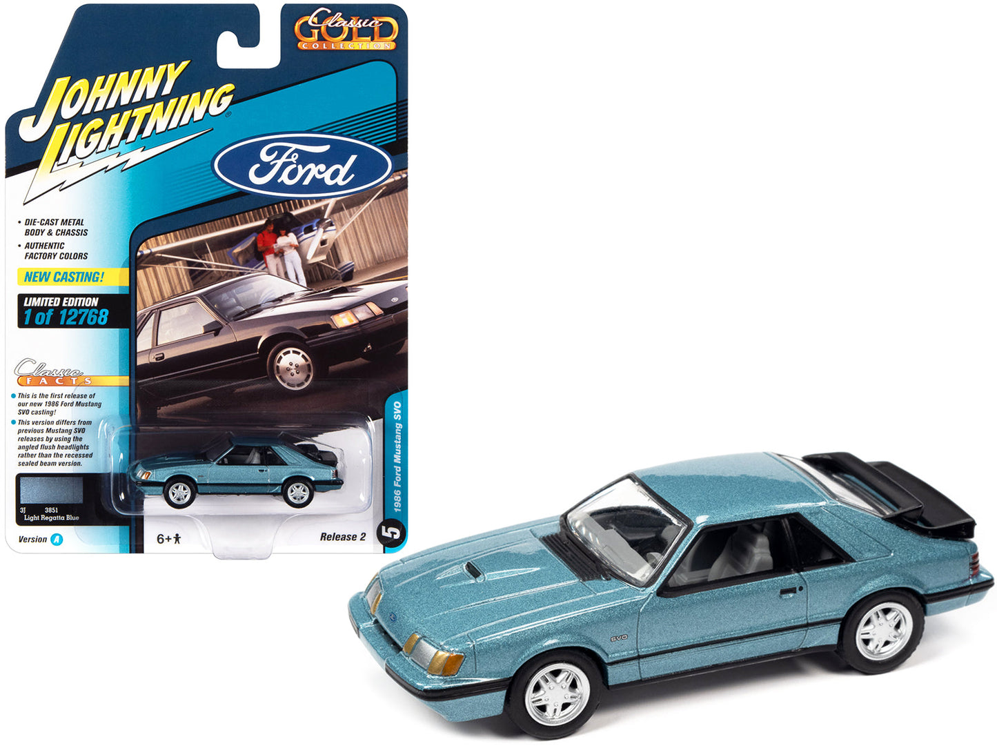 1986 Ford Mustang SVO Light Regatta Blue Metallic with Black Stripes "Classic Gold Collection" Series Limited Edition to 12768 pieces Worldwide 1/64 Diecast Model Car by Johnny Lightning  free shipping USA
