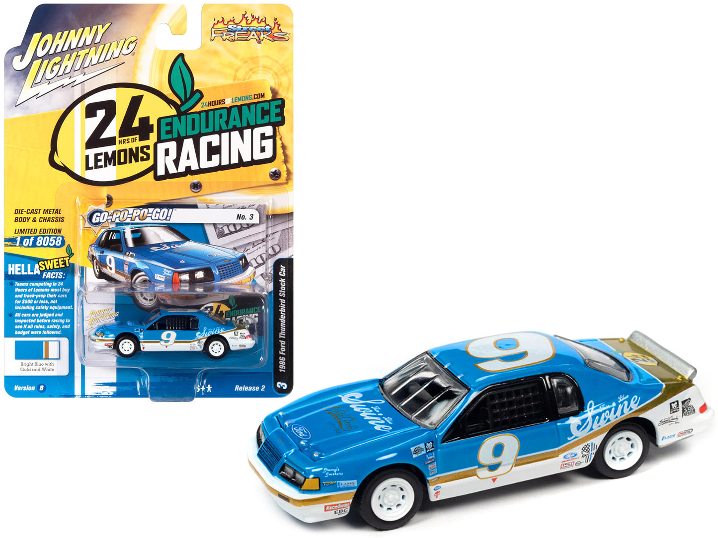 1986 Ford Thunderbird Stock Car #9 Bright Blue "Go-Po-Po-Go!" 24 Hours of Lemons "Street Freaks" Series Limited Edition to 8058 pieces Worldwide 1/64 Diecast Model Car by Johnny Lightning  free shipping USA