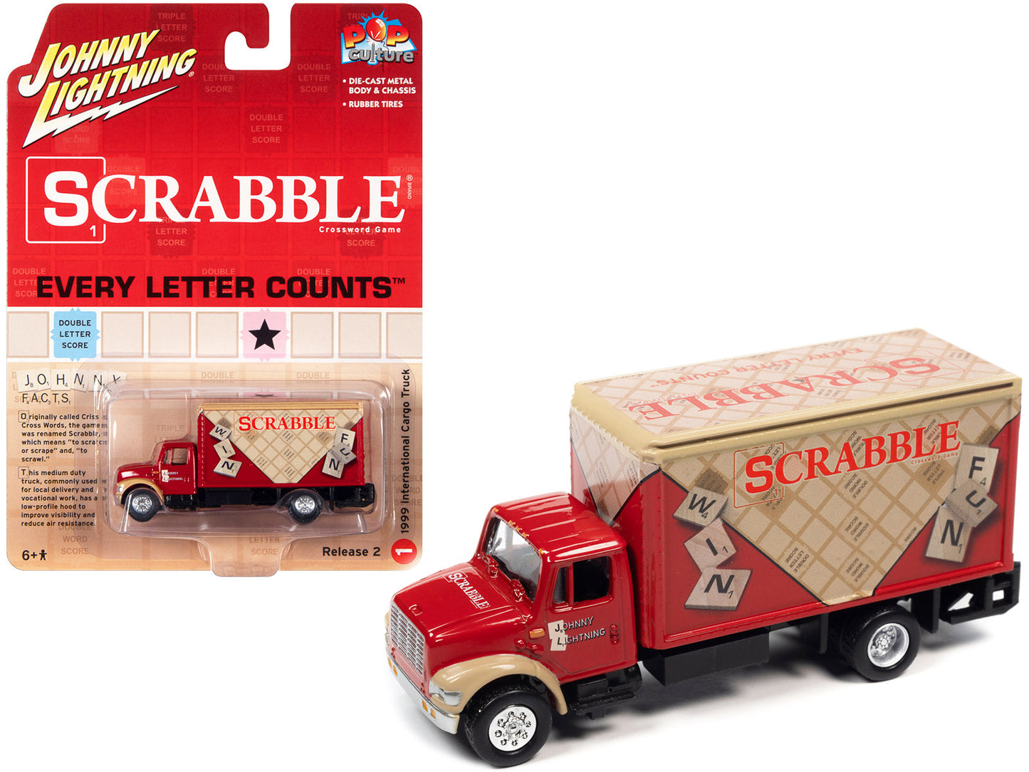 1999 International Cargo Truck Red with Graphics "Scrabble" "Pop Culture" 2022 Release 2 1/64 Diecast Model Car by Johnny Lightning  free shipping USA