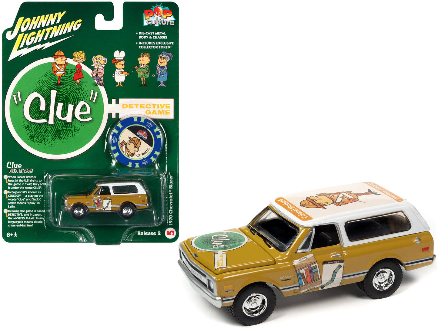 1970 Chevrolet Blazer Mustard Yellow with White Top (Colonel Mustard) w/Poker Chip Collector's Token "Vintage Clue" "Pop Culture" 2022 Release 2 1/64 Diecast Model Car by Johnny Lightning  free shipping USA