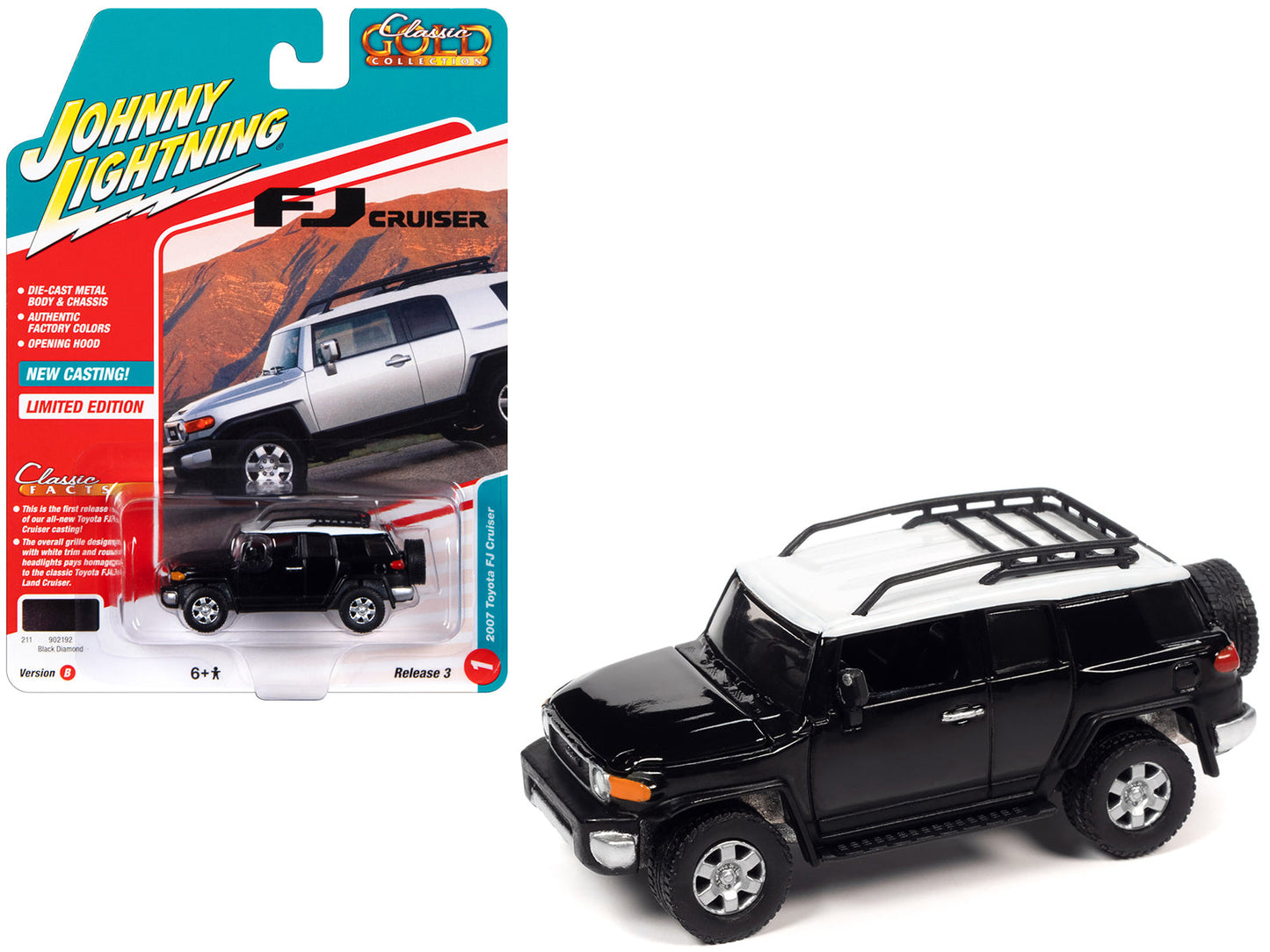 2007 Toyota FJ Cruiser Black Diamond with White Top and Roofrack "Classic Gold Collection" Series Limited Edition 1/64 Diecast Model Car by Johnny Lightning  free shipping USA