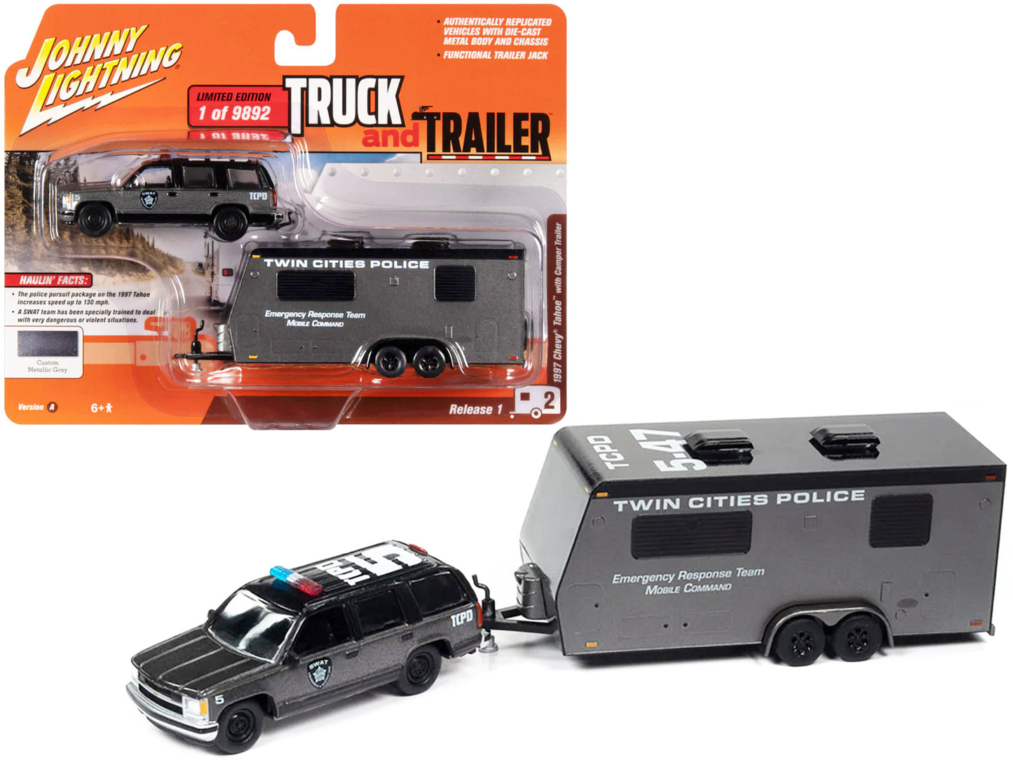 1997 Chevrolet Tahoe "SWAT" Custom Gray Metallic and Black with "Twin Cities Police" Camper Trailer Limited Edition to 9892 pieces Worldwide "Truck and Trailer" Series 1/64 Diecast Model Car by Johnny Lightning  free shipping USA