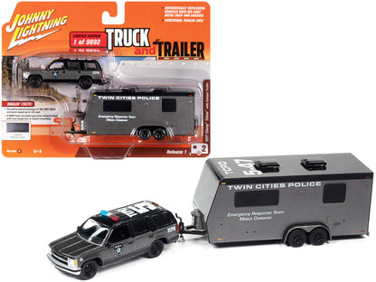 1997 Chevrolet Tahoe "SWAT" Custom Gray Metallic and Black with "Twin Cities Police" Camper Trailer Limited Edition to 9892 pieces Worldwide "Truck and Trailer" Series 1/64 Diecast Model Car by Johnny Lightning  free shipping USA