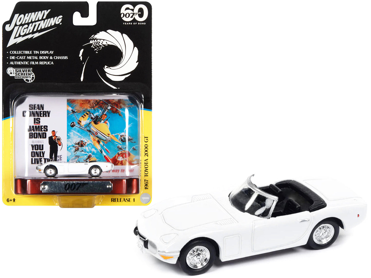 1967 Toyota 2000 GT Convertible RHD (Right Hand Drive) White 007 (James Bond) "You Only Live Twice" (1967) Movie with Collectible Tin Display "Silver Screen Machines" Series 1/64 Diecast Model Car by Johnny Lightning  free shipping USA