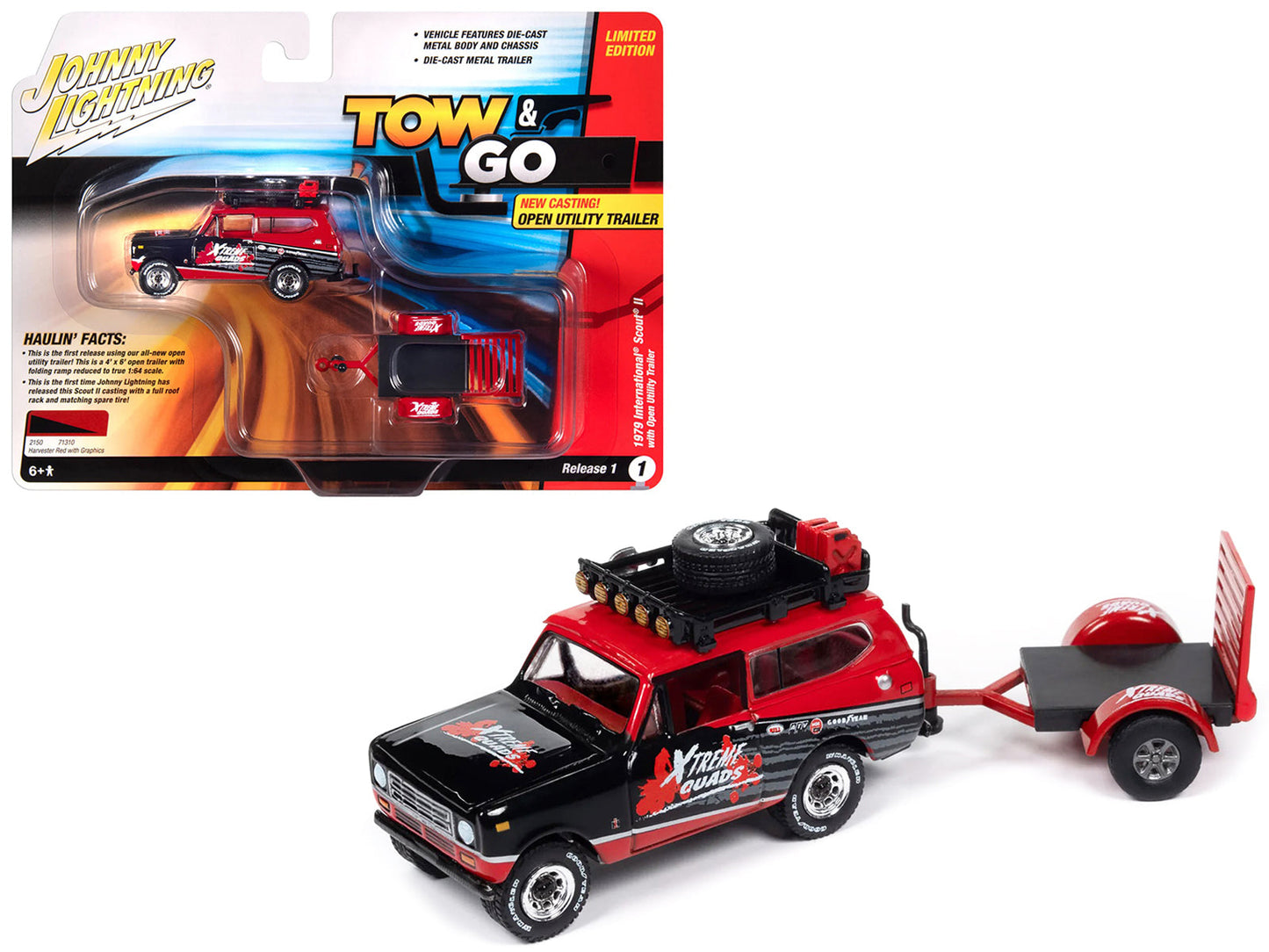 1979 International Scout II Red and Black "Xtreme Quads" with Open Utility Trailer "Tow & Go" Series 1/64 Diecast Model Car by Johnny Lightning  free shipping USA