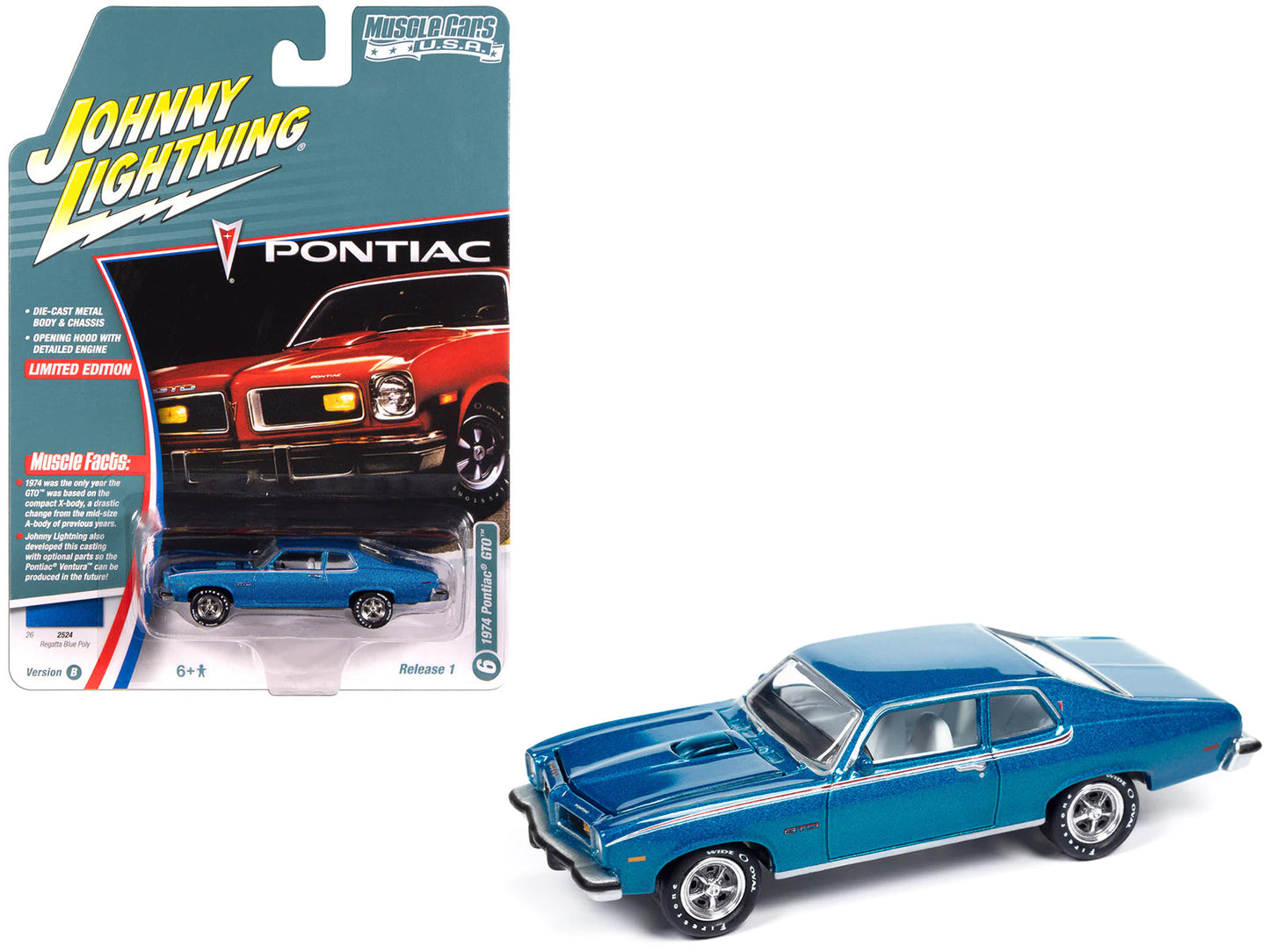 1974 Pontiac GTO Regatta Blue Metallic with White Interior "Muscle Cars USA" Series 1/64 Diecast Model Car by Johnny Lightning  free shipping USA