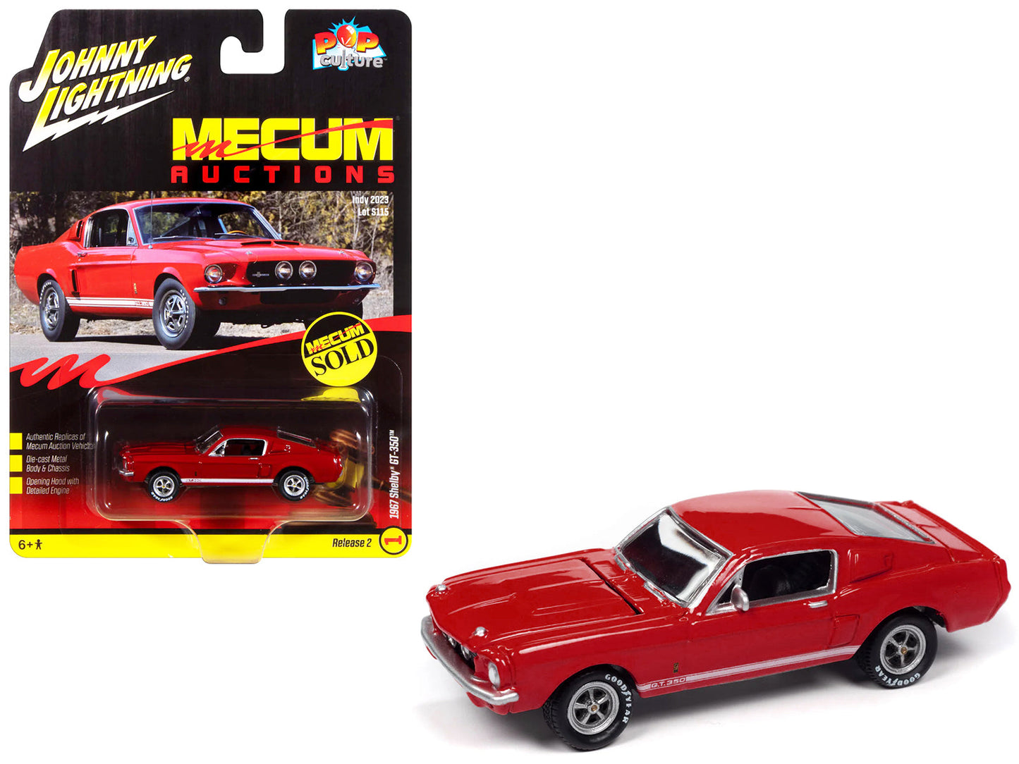 1967 Shelby GT-350 Red with White Side Stripes "Mecum Auctions" "Pop Culture" 2024 Release 2 1/64 Diecast Model Car by Johnny Lightning  free shipping USA