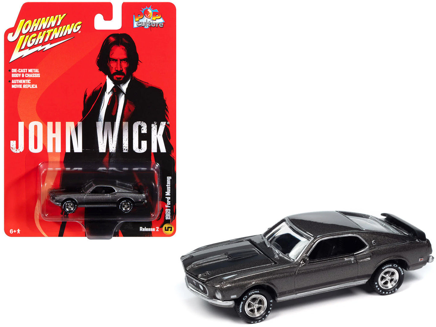 1969 Ford Mustang Mach I Gray Metallic with Black Stripes "John Wick" (2014) Movie "Pop Culture" 2024 Release 2 1/64 Diecast Model Car by Johnny Lightning  free shipping USA