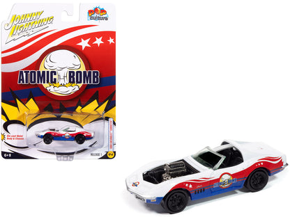 1969 Chevrolet Corvette "Atomic Bomb" White with Red and Blue Graphics "Stuntman Mike's Ride Along Racing" "Pop Culture" 2025 Release 1 1/64 Diecast Model Car by Johnny Lightning  free shipping USA