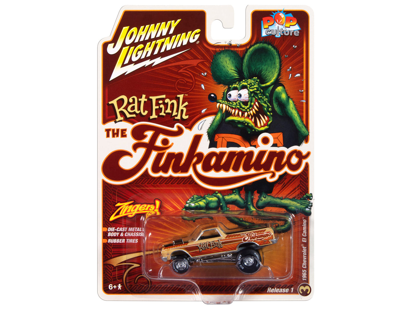 1965 Chevrolet El Camino Zinger "Finkamino" Beige with Graphics "Rat Fink" "Pop Culture" 2025 Release 1 1/64 Diecast Model Car by Johnny Lightning  free shipping USA