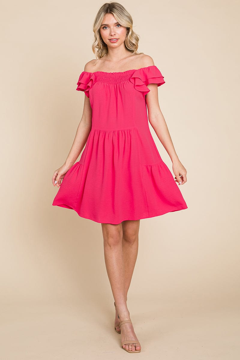 Smocked Ruffle Sleeve Off Shoulder Dress by RolyPoly Apparel