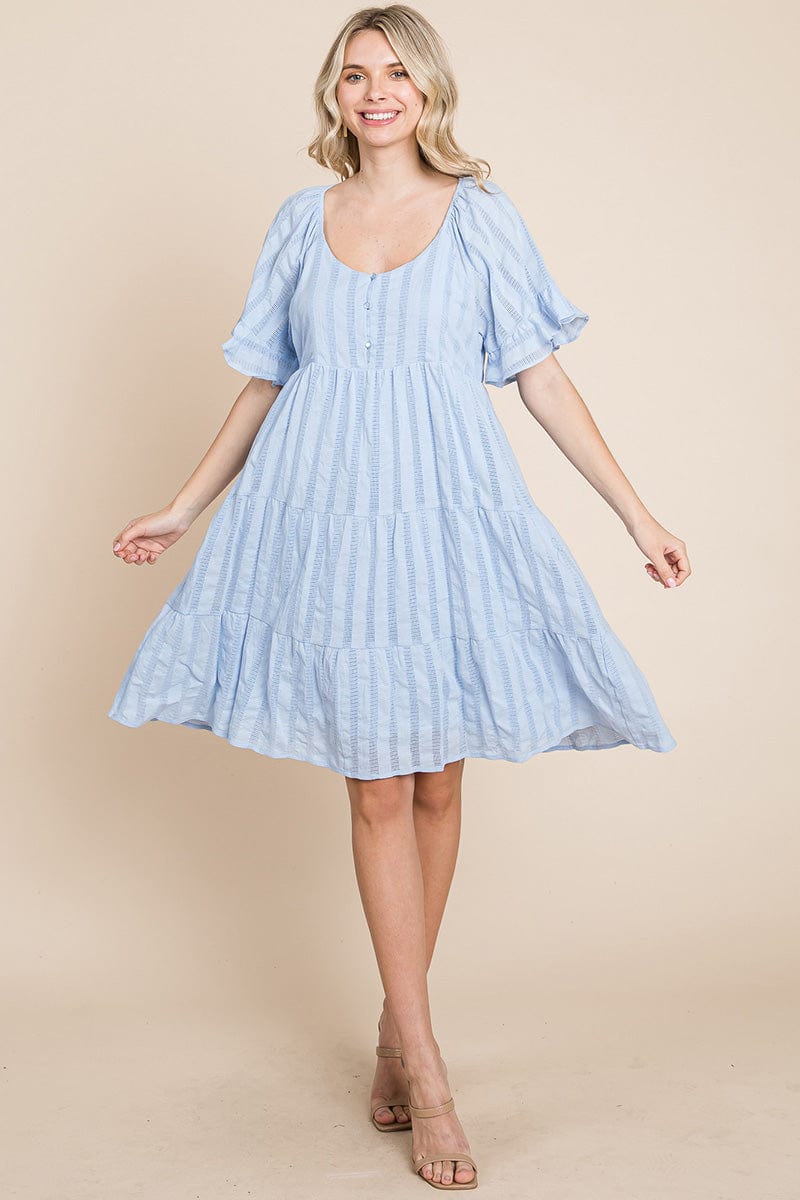 Stripe Textured Tiered Flutter Sleeve Cotton Dress by RolyPoly Apparel