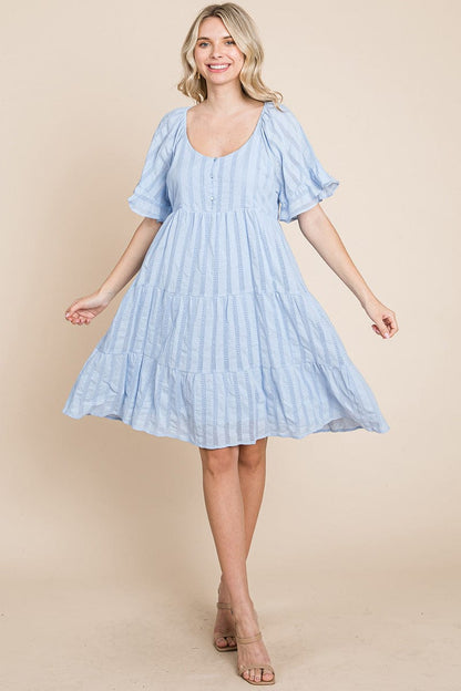 Stripe Textured Tiered Flutter Sleeve Cotton Dress by RolyPoly Apparel