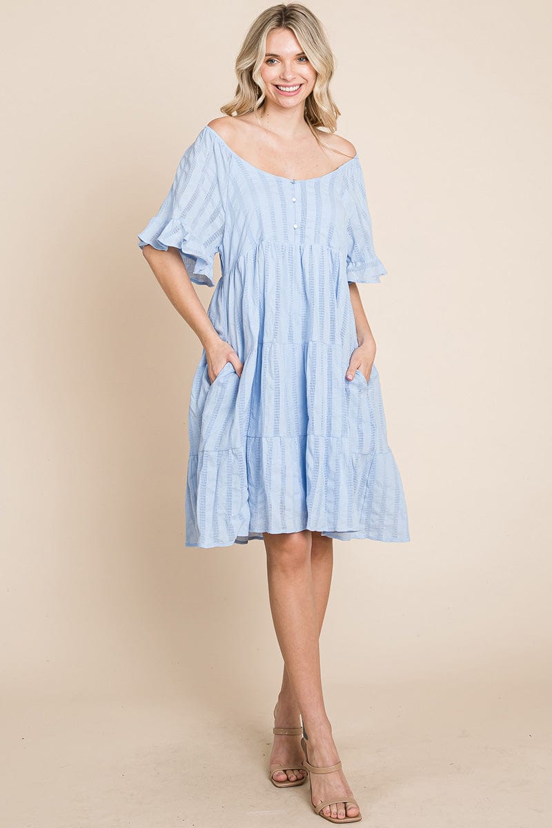 Stripe Textured Tiered Flutter Sleeve Cotton Dress by RolyPoly Apparel