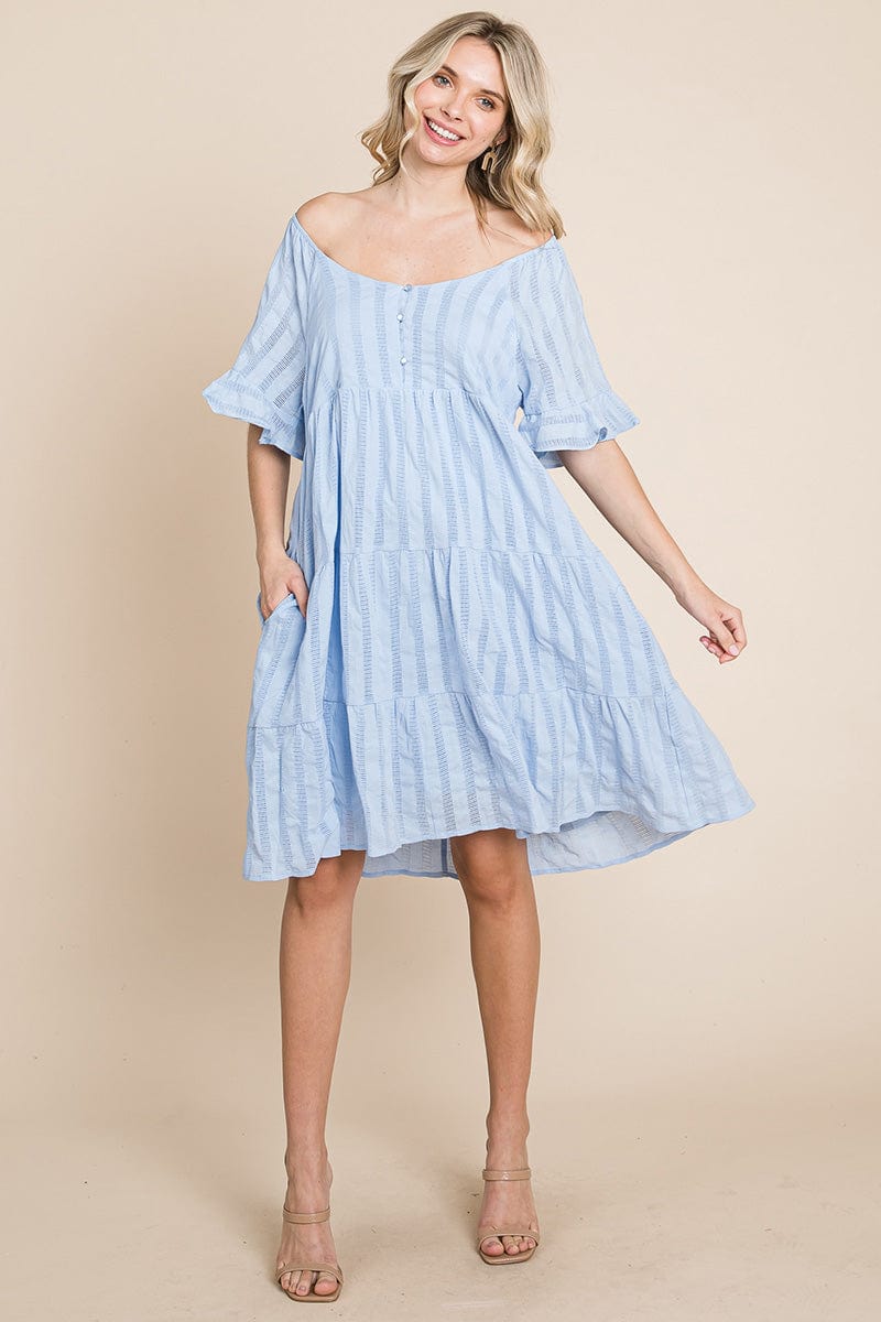 Stripe Textured Tiered Flutter Sleeve Cotton Dress by RolyPoly Apparel