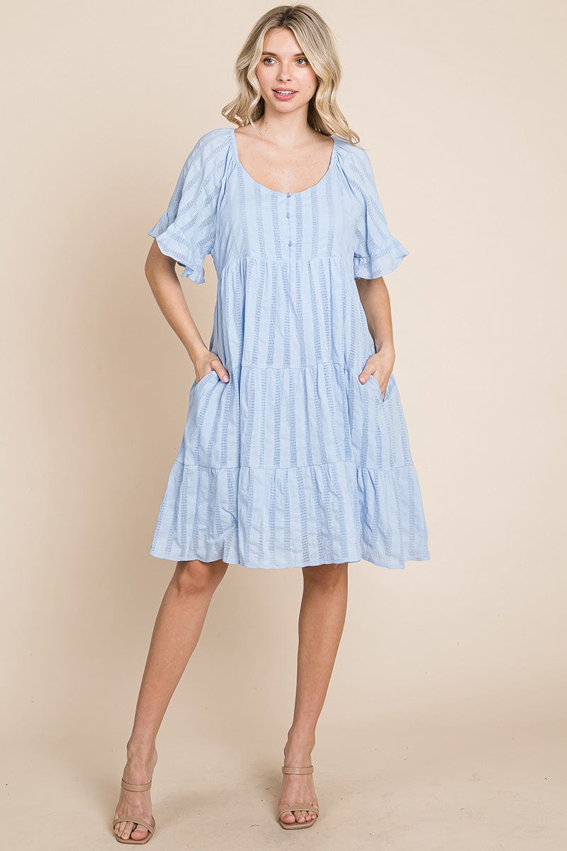 Stripe Textured Tiered Flutter Sleeve Cotton Dress by RolyPoly Apparel