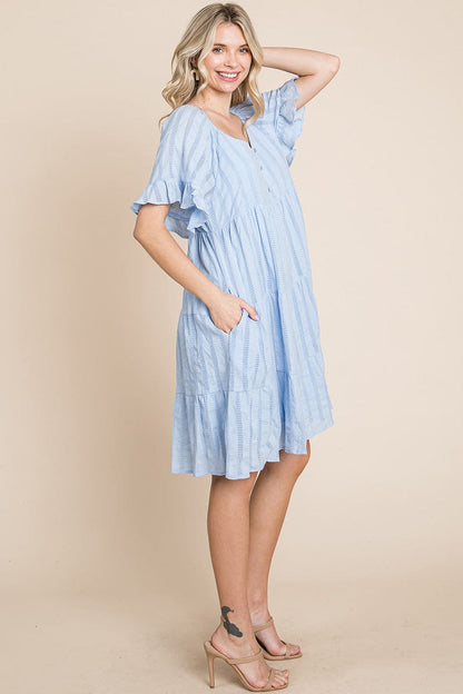 Stripe Textured Tiered Flutter Sleeve Cotton Dress by RolyPoly Apparel