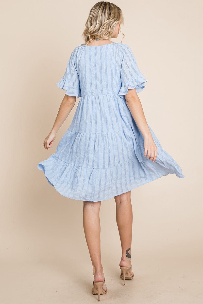 Stripe Textured Tiered Flutter Sleeve Cotton Dress by RolyPoly Apparel