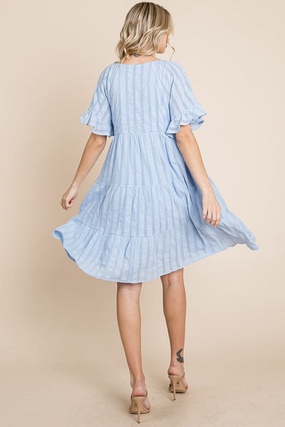 Stripe Textured Tiered Flutter Sleeve Cotton Dress by RolyPoly Apparel