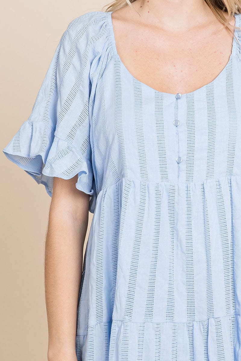 Stripe Textured Tiered Flutter Sleeve Cotton Dress by RolyPoly Apparel