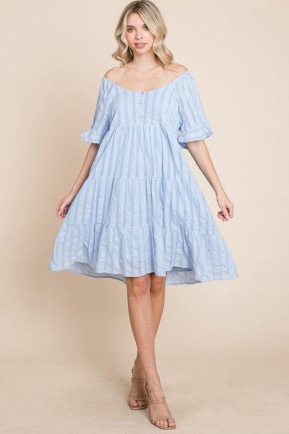 Stripe Textured Tiered Flutter Sleeve Cotton Dress by RolyPoly Apparel