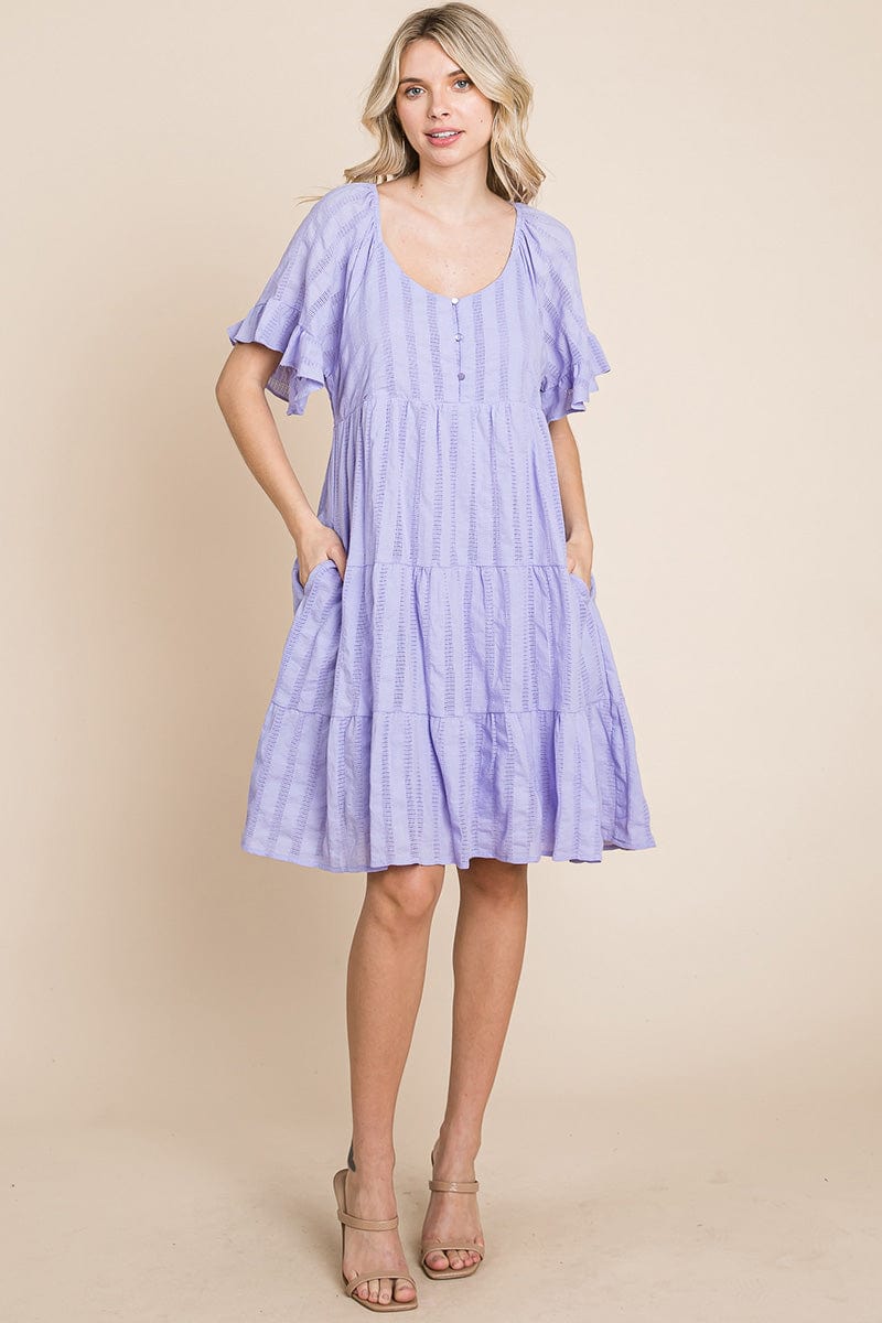 Stripe Textured Tiered Flutter Sleeve Cotton Dress by RolyPoly Apparel