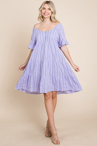 Stripe Textured Tiered Flutter Sleeve Cotton Dress by RolyPoly Apparel