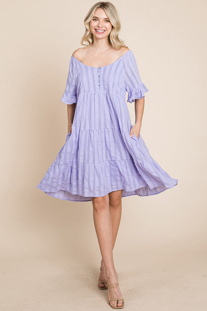 Stripe Textured Tiered Flutter Sleeve Cotton Dress by RolyPoly Apparel