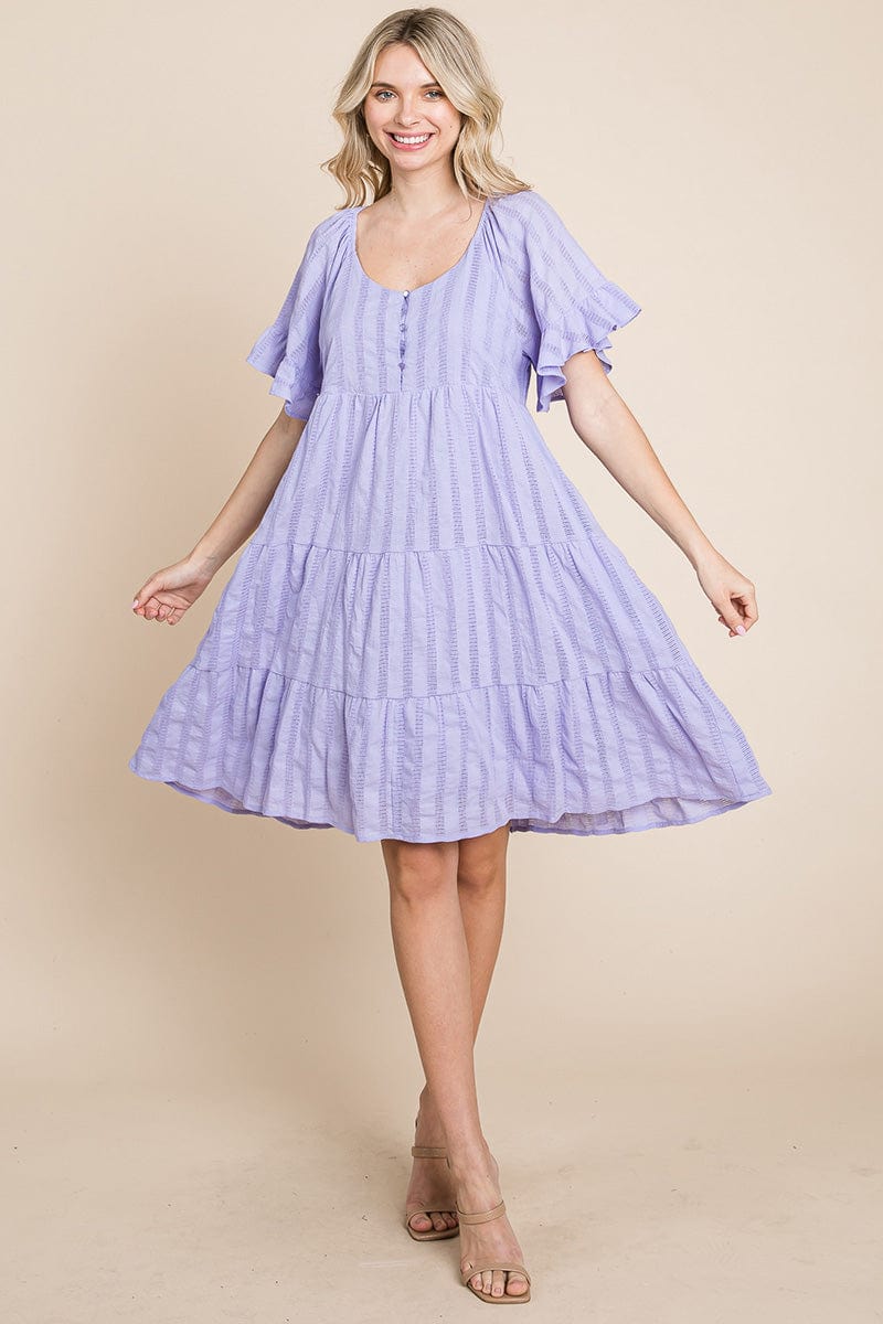Stripe Textured Tiered Flutter Sleeve Cotton Dress by RolyPoly Apparel