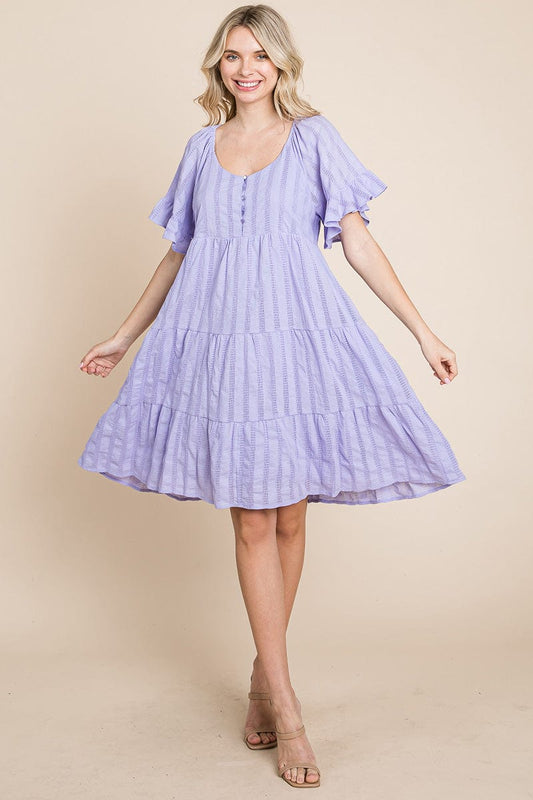 Stripe Textured Tiered Flutter Sleeve Cotton Dress by RolyPoly Apparel