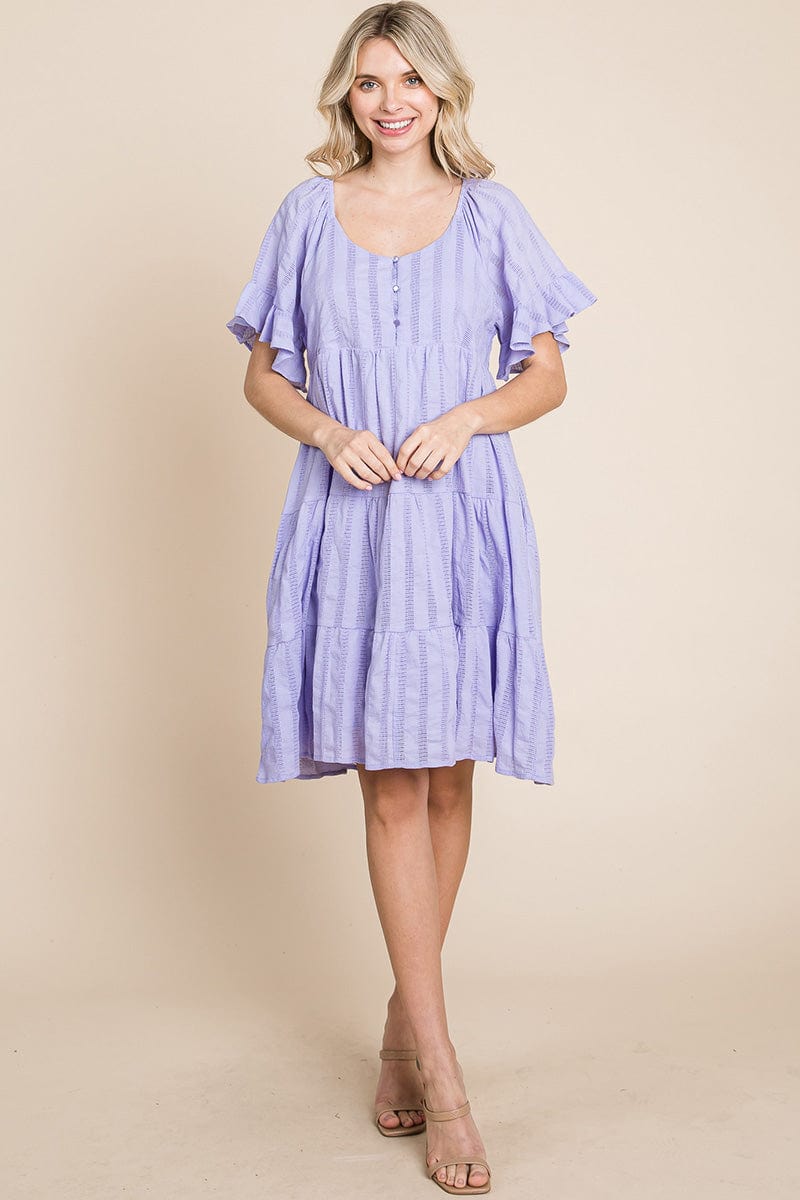 Stripe Textured Tiered Flutter Sleeve Cotton Dress by RolyPoly Apparel