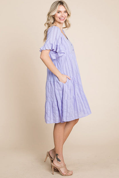 Stripe Textured Tiered Flutter Sleeve Cotton Dress by RolyPoly Apparel