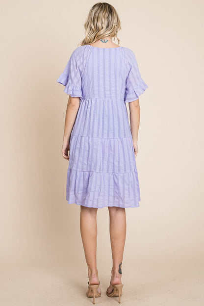 Stripe Textured Tiered Flutter Sleeve Cotton Dress by RolyPoly Apparel
