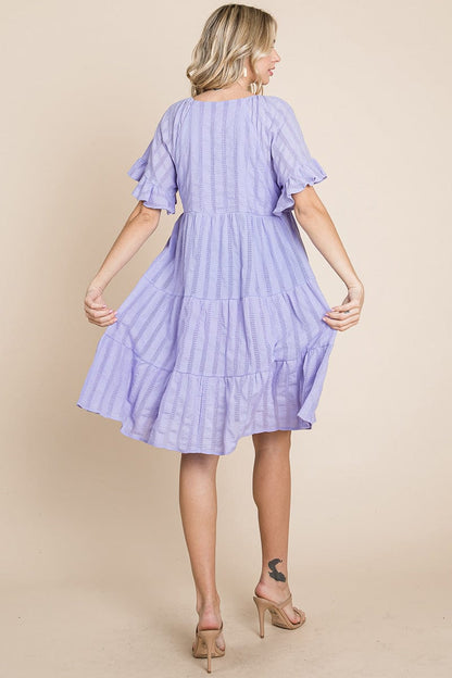 Stripe Textured Tiered Flutter Sleeve Cotton Dress by RolyPoly Apparel