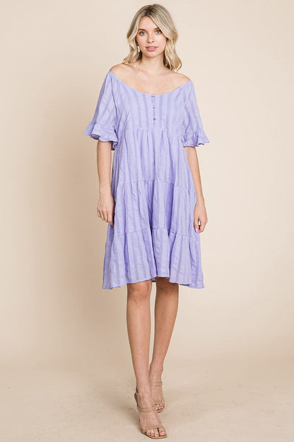 Stripe Textured Tiered Flutter Sleeve Cotton Dress by RolyPoly Apparel