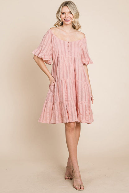 Stripe Textured Tiered Flutter Sleeve Cotton Dress by RolyPoly Apparel