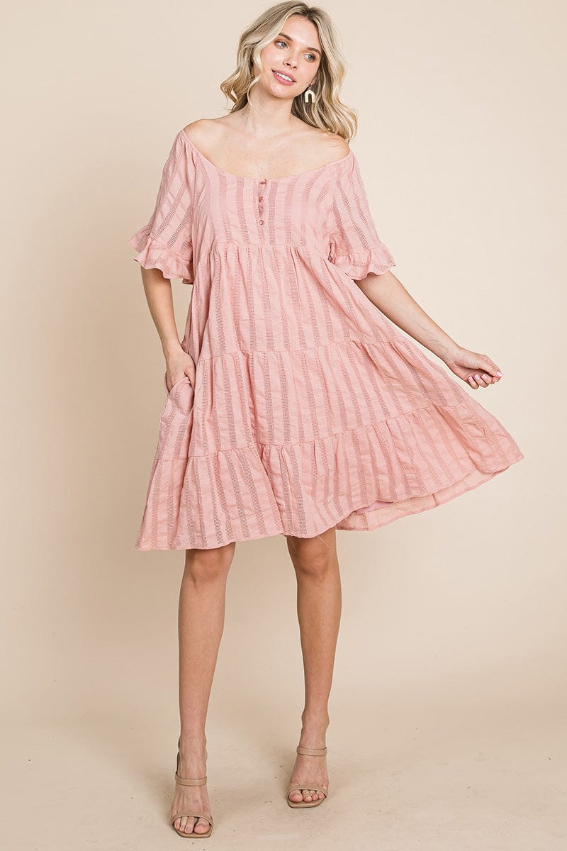 Stripe Textured Tiered Flutter Sleeve Cotton Dress by RolyPoly Apparel