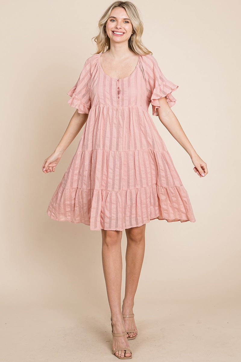 Stripe Textured Tiered Flutter Sleeve Cotton Dress by RolyPoly Apparel