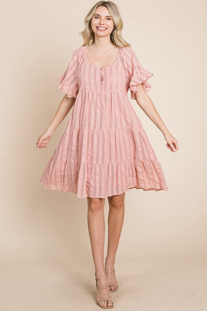 Stripe Textured Tiered Flutter Sleeve Cotton Dress by RolyPoly Apparel
