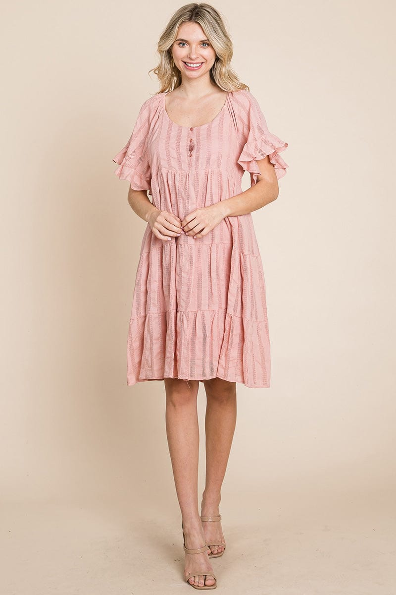Stripe Textured Tiered Flutter Sleeve Cotton Dress by RolyPoly Apparel