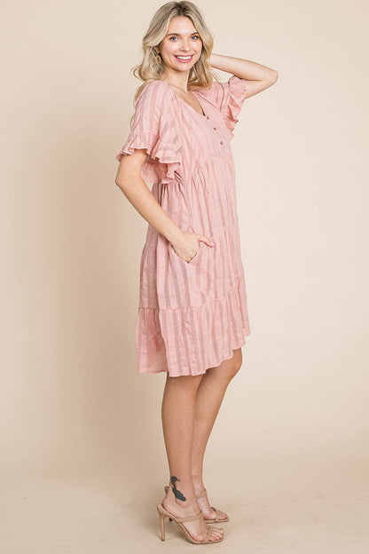 Stripe Textured Tiered Flutter Sleeve Cotton Dress by RolyPoly Apparel