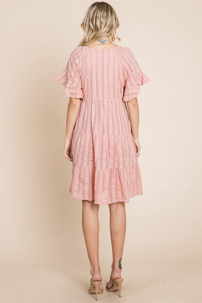 Stripe Textured Tiered Flutter Sleeve Cotton Dress by RolyPoly Apparel