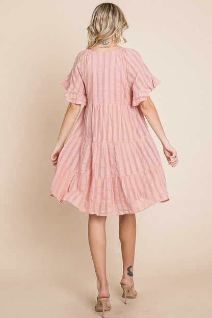 Stripe Textured Tiered Flutter Sleeve Cotton Dress by RolyPoly Apparel