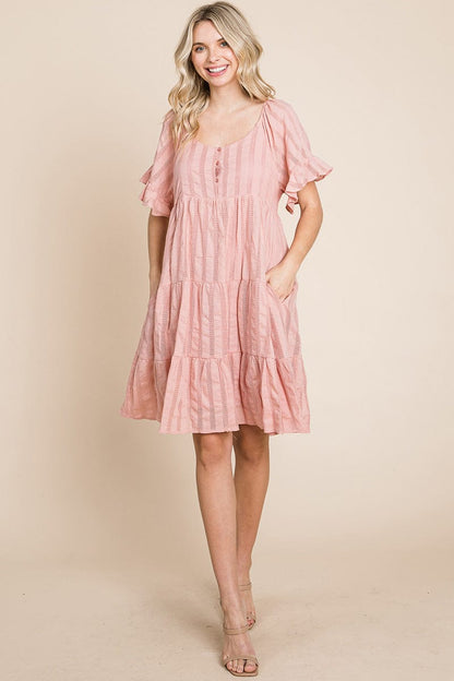 Stripe Textured Tiered Flutter Sleeve Cotton Dress by RolyPoly Apparel