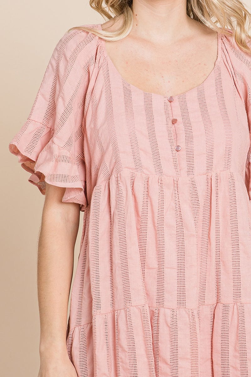 Stripe Textured Tiered Flutter Sleeve Cotton Dress by RolyPoly Apparel