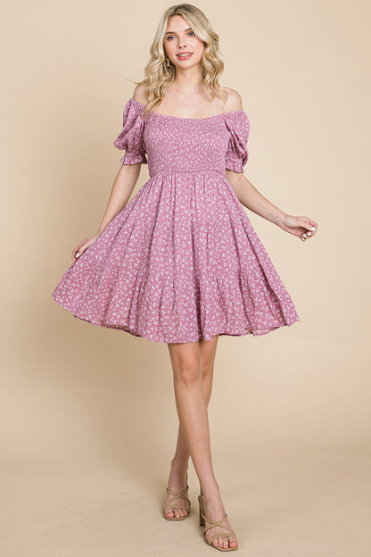 Smocked Floral Puff Short Sleeve Tiered Dress by RolyPoly Apparel