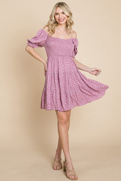Smocked Floral Puff Short Sleeve Tiered Dress by RolyPoly Apparel