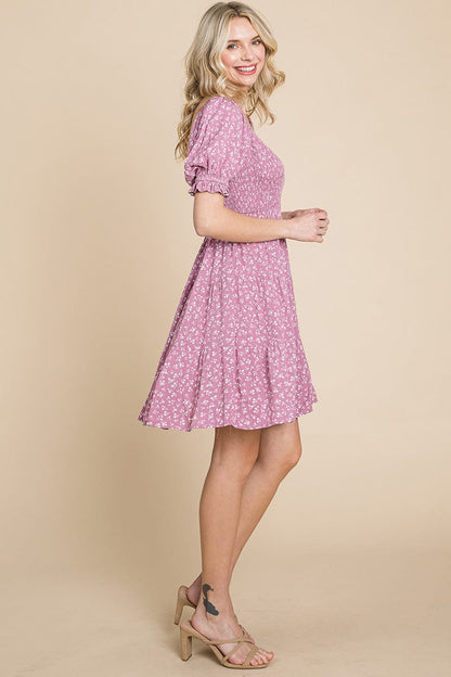 Smocked Floral Puff Short Sleeve Tiered Dress by RolyPoly Apparel